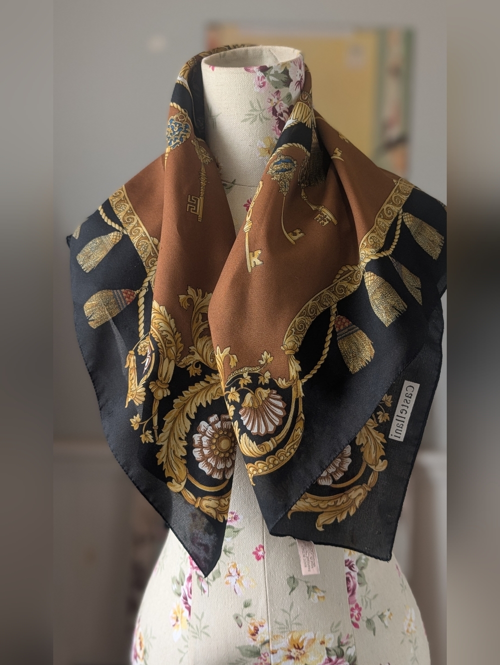 Castellani Vintage Elegant Black and Brown Baroque Print Silk Scarf - Picture 3 of 8